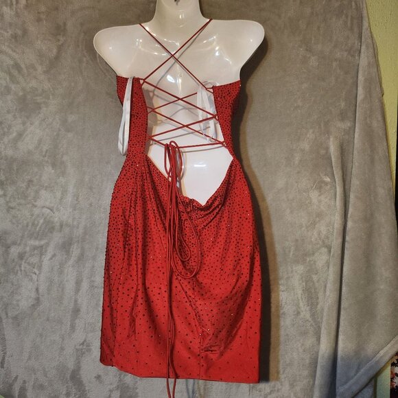 Lucci Lu Red Rhinestone Spaghetti Strap‎ Backless Bodycon Zip up SZ 4 Sexy Dress - Picture 6 of 9